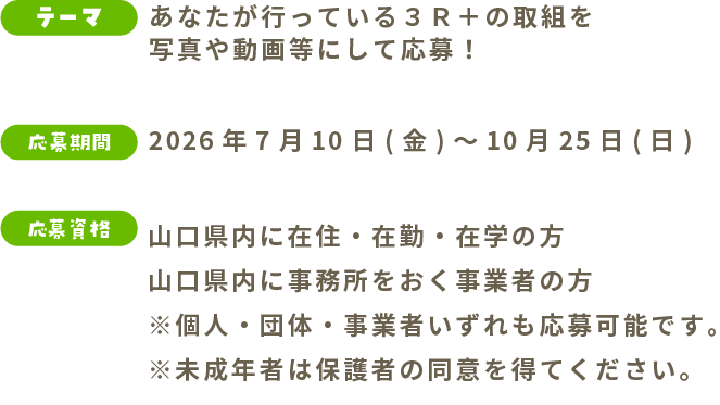 テーマ あなたが行っている３Ｒ＋の取組を写真や動画等にして応募！ 応募期間 2026年7月1日(水)～10月25日(日) 応募資格 山口県内に在住・在勤・在学の方 山口県内に事務所をおく事業者の方 ※個人・団体・事業者いずれも応募可能です。※未成年者は保護者の同意を得てください。