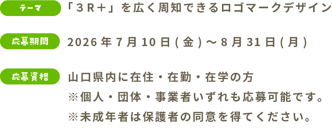 テーマ 「３R＋」を広く周知できるロゴマークデザイン 応募期間 2026年7月1日(水)～8月31日(月) 応募資格 山口県内に在住・在勤・在学の方 ※個人・団体・事業者いずれも応募可能です。 ※未成年者は保護者の同意を得てください。