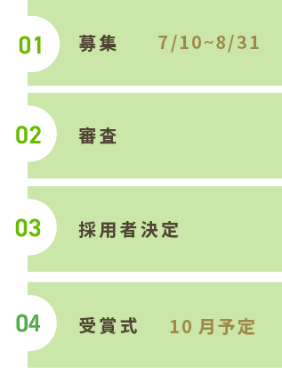 01 募集(7/1~8/31) 02 審査 03 採用者決定 04 授賞式(10月予定)